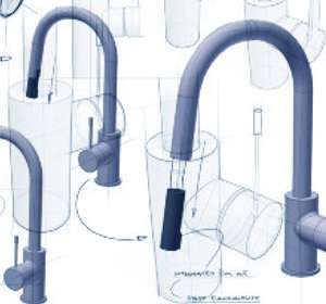 Blueprint-style illustration of kitchen taps showing outlines and design details.
