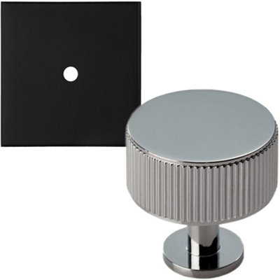 Cabinet Door Knob & Contrasting Backplate Set - Reeded Kitchen Pull - Polished Chrome & Black