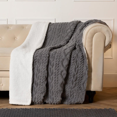 Cable Knit Blanket Sherpa Fleece Plush Supersoft Warm Throw Grey 130 x 160cm