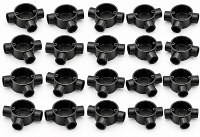 CableShield PVC Circular Conduit Box, 3 Way Tee, 20 mm, Black, Pack of 20