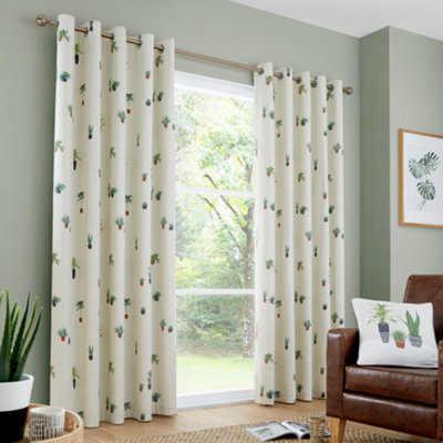 Cactus 100% Cotton Botanical Print Pair of Eyelet Curtains