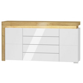 Cadillac Oak Effect And White Gloss 2 Door / 4 Drawer Sideboard With Lights