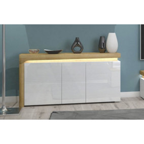 Cadillac Oak Effect and White Gloss 3 Door Sideboard With Lights