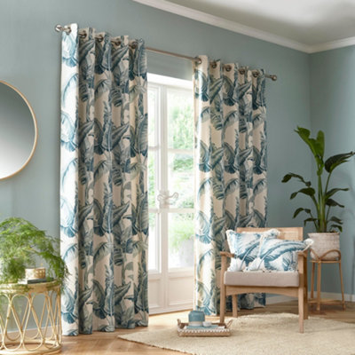 Cadiz 100% Cotton Botanical Print Pair of Eyelet Curtains