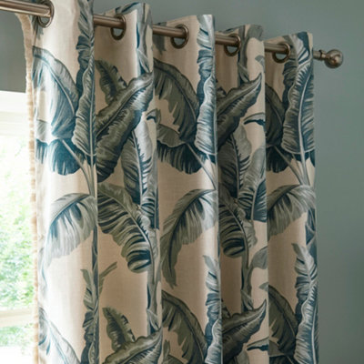 Cadiz 100% Cotton Botanical Print Pair of Eyelet Curtains