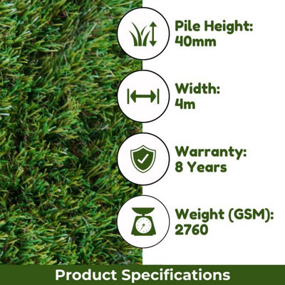 Cadiz 40mm Artificial Grass,, Pet-Friendly Artificial Grass, 10 Years Warranty, Plush Fake Grass-15m(49'2") X 4m(13'1")-60m²