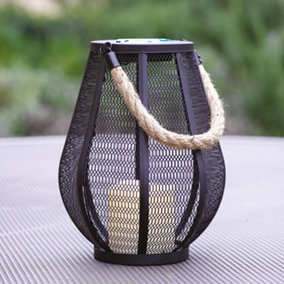 Cadiz Outdoor Solar Lantern - Solar Powered Metal Weather Resistant Lantern with Faux Candle, Mesh Sides & Rope Handle - 24 x 17cm