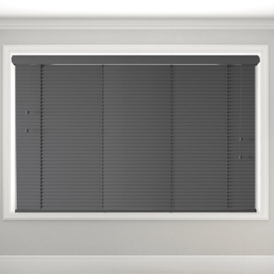 Caecus Blinds Real Wood Venetian Blind Dark Grey, 105cm Width x 160cm Drop, String