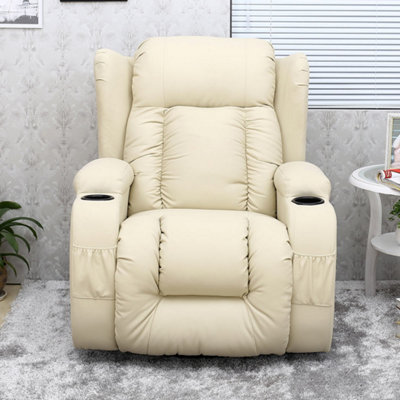 Caesar Bonded Leather Manual Recliner Armchair with Rocking Swivel Heat and Massage (Cream)