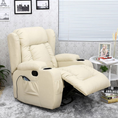 Caesar Bonded Leather Manual Recliner Armchair with Rocking Swivel Heat and Massage (Cream)