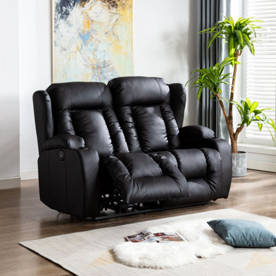 Caesar Electric High Back Luxury Bond Grade Leather Recliner 2 Seater Sofa (Black)