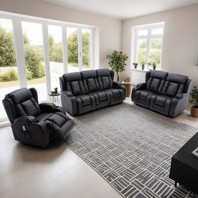 Caesar Electric Recliner Bonded Leather 1+2+3 Seater Sofa Set (Black)