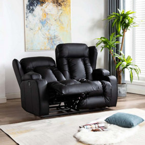 Caesar Manual High Back Luxury Bond Grade Leather Recliner 2 Seater Sofa (Black)