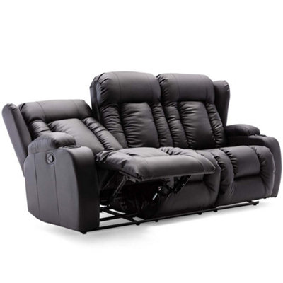 Caesar Manual High Back Luxury Bond Grade Leather Recliner 3 Seater Sofa (Black)