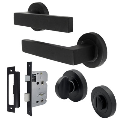Cafri Door Handle Bathroom Set Modern Matt Black Lever on Rose Internal Thumbturn Door Pack