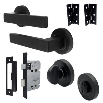 Cafri Door Handle Bathroom Set Modern Matt Black Lever on Rose Internal Thumbturn Set