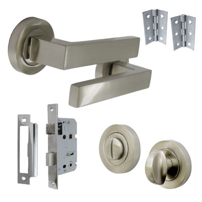 Cafri Door Handle Bathroom Set Modern Satin Nickel Rectangular Lever on Rose Internal Thumbturn