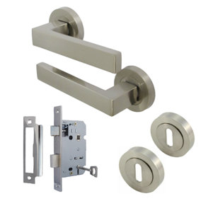 Cafri Door Handle Lock Key Modern Satin Nickel Rectangular Lever on Rose Internal Escutcheon