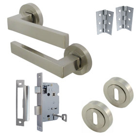 Cafri Door Handle Lock Key Set Modern Satin Nickel Rectangular Lever on Rose Internal Escutcheon