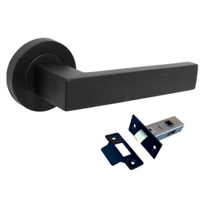 Cafri Door Handle Modern Matt Black Rectangular Lever on Rose Internal Doors + 64mm Latch