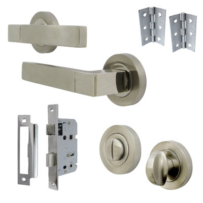 Cafri Line Door Handle Bathroom Set Satin Nickel Lever on Rose Internal Thumbturn Pack