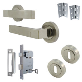 Cafri Line Door Handle Lock Key Set Modern Satin Nickel Lever on Rose Internal Escutcheon Pack