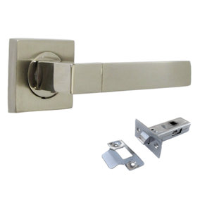 Cafri Line Door Handle Satin Nickel Rectangular Lever on Square Rose Internal Handles + 64mm Latch