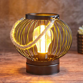 Cage Lantern with Edison Bulb - Black Metal