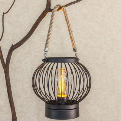 Cage Lantern with Edison Bulb - Black Metal