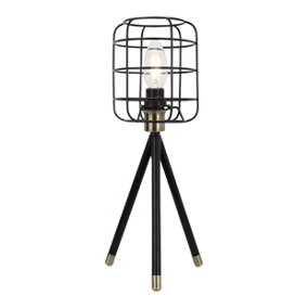 Cage Tripod Table Lamp Black and Antique Brass