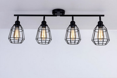 Caged Bar Ceiling Light 4 Lights E27 Cap Black Vintage Finish LED Compatible