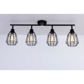 Caged Bar Ceiling Light, 4 Lights E27 Cap, Black Vintage Finish, LED Compatible