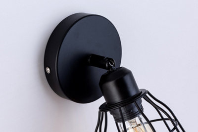 Caged Wall Light E27 ES Cap On and Off Switch Black Vintage