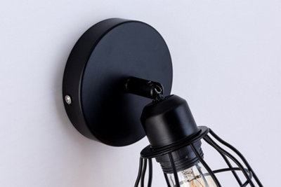 Caged Wall Light, E27/ES Cap, On and Off Switch Black Vintage Finish, LED Compatible