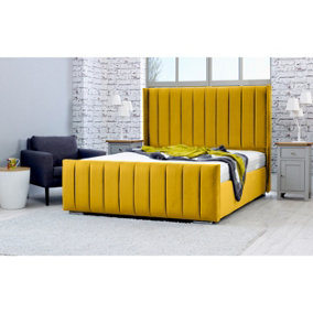 Caira Plush Bed Frame With Winged Headboard - Mustard Gold