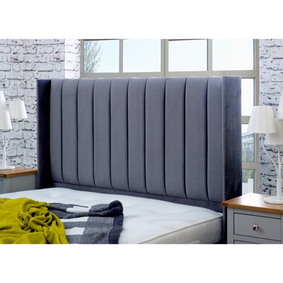 Caira Plush Bed Frame With Winged Headboard - Steel