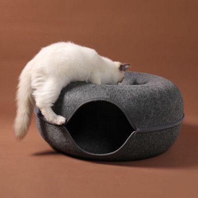 CAISON 60 CM Diameter Cats Tunnel Natural Felt Pet Cat Cave Bed Nest Round House Donuts Interactive Toy (Dark Grey)