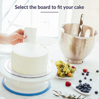 Cake Board Circular Silver Cake Boards (8 Pack) Cake Drums in Silver Hard Card 3 Cake Icing Scrapers (2 x 6, 8, 10, 12)