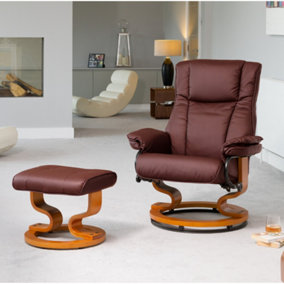 Calhoun 83cm Wide Burgundy Bonded Leather 360 Degree Ergonomic Swivel Base Recliner Chair and Footstool