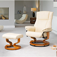 Calhoun 83cm Wide Cream Bonded Leather 360 Degree Ergonomic Swivel Base Recliner Chair and Footstool