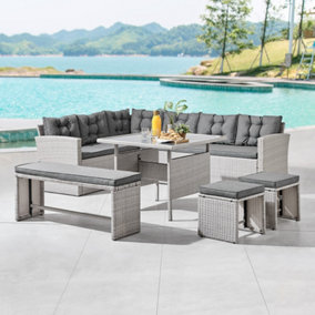 Cali Grey Rattan Dark Grey Cushions 6 Piece Garden Corner Sofa Set Footstools Bench Glass Top Table