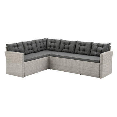 Cali Grey Rattan Dark Grey Cushions 6 Piece Garden Corner Sofa Set Footstools Bench Glass Top Table