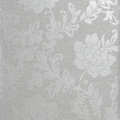 Calico Floral Wallpaper Flowers Metallic Embossed Grey Silver Textured Vinyl