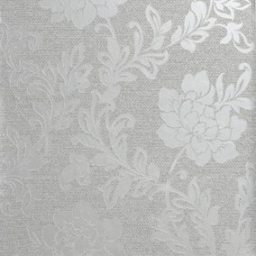 Calico Floral Wallpaper Flowers Metallic Embossed Grey Silver Textured Vinyl