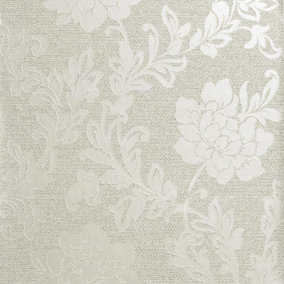 Calico Floral Wallpaper Flowers Metallic Embossed Neutral Cream Textured Vinyl
