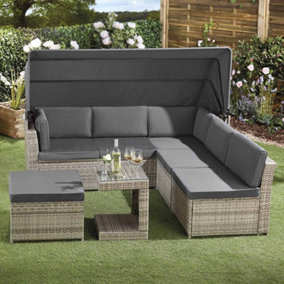 California Rattan Daybed 5 Piece, Outdoor Patio Furniture Set with Extendable Canopy (Dark Grey Daybed)