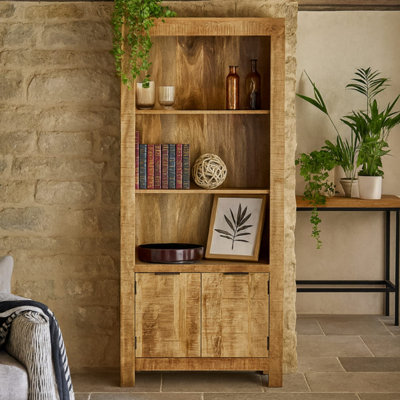 California Solid Mango Wood Bookcase with Doors, Satin Finish