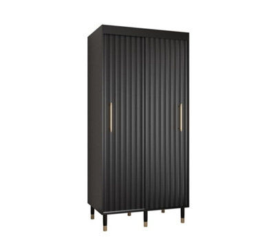 Calipso Wave I Contemporary 2 Sliding Door Wardrobe Gold Handles 5 Shelves 2 Hanging Rails Black (H)2080mm (W)1000mm (D)620mm