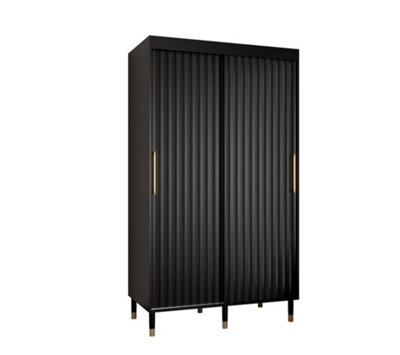 Calipso Wave I Contemporary 2 Sliding Door Wardrobe Gold Handles 5 Shelves 2 Hanging Rails Black (H)2080mm (W)1200mm (D)620mm
