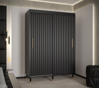 Calipso Wave I Contemporary 2 Sliding Door Wardrobe Gold Handles 5 Shelves 2 Hanging Rails Black (H)2080mm (W)1500mm (D)620mm